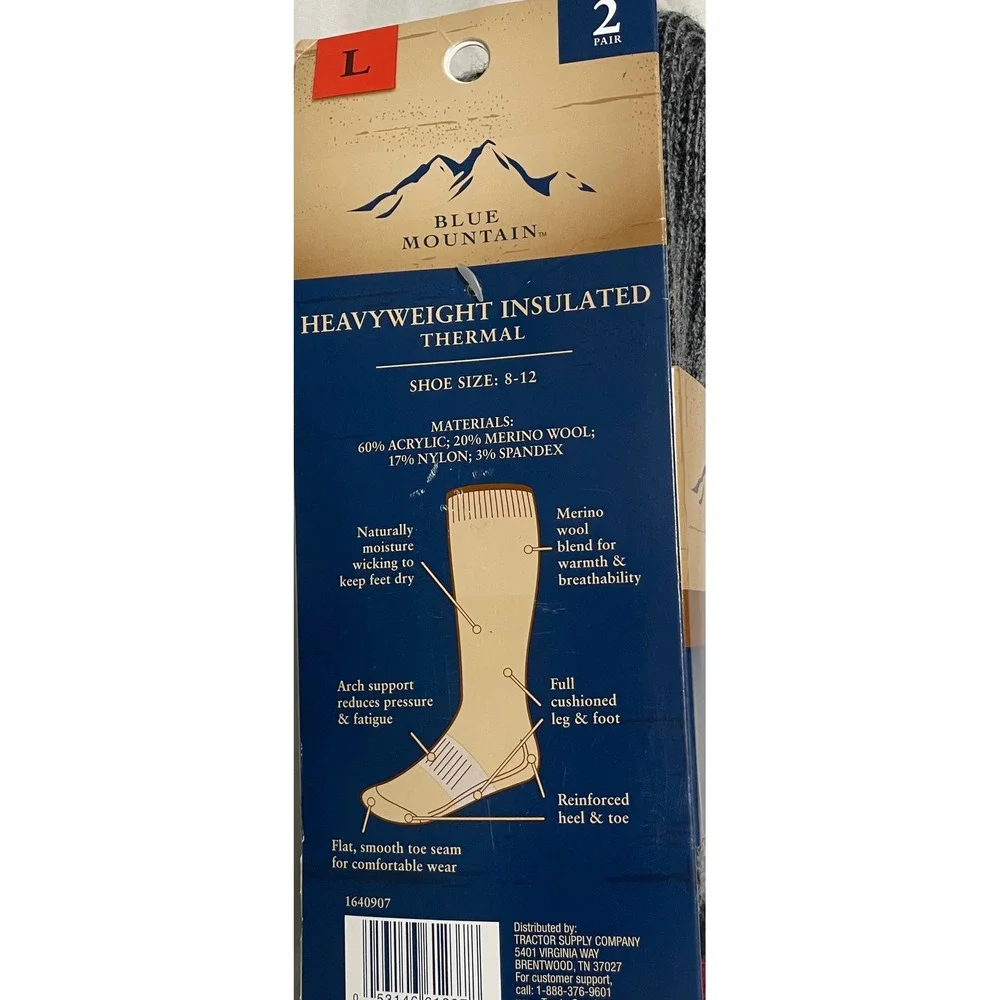 Blue Mountain Socks Mens L Heavyweight Insulated Thermal Merino Wool Blend 2PK
